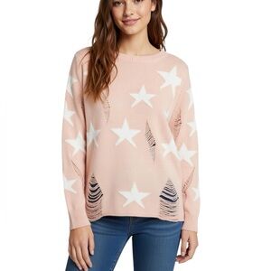 FOREVER 21 Peach Distressed Star Knit Crewneck Sweater